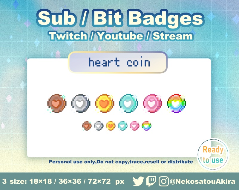 ドット絵「ハートコイン」バッジ Twitch Sub Badges x6 - Bit Badges / Pixel Art / Cute sub badges / Kawaii / Streamer