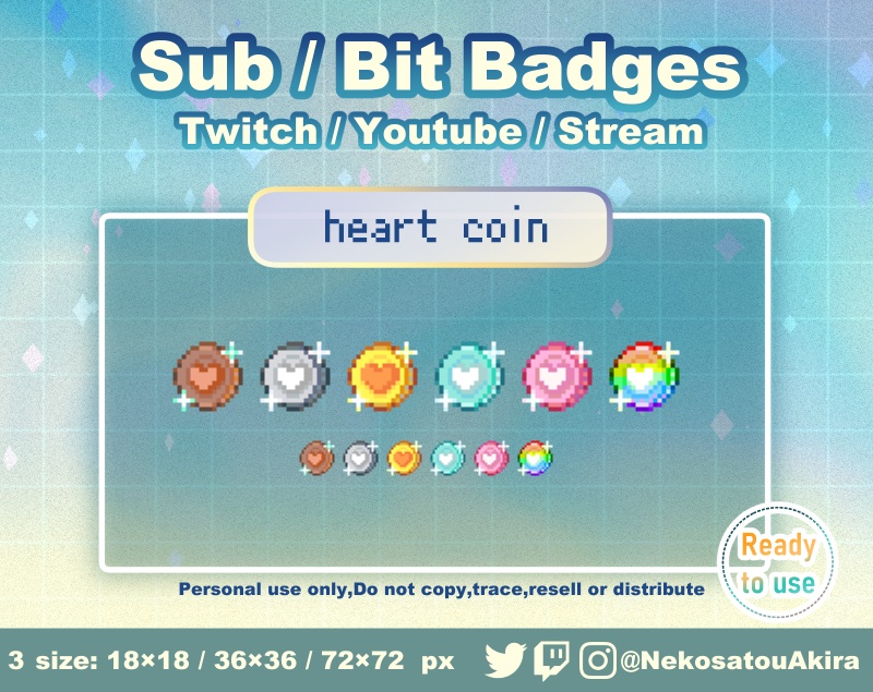 ドット絵「ハートコイン」バッジ　Twitch Sub Badges x6 - Bit Badges / Pixel Art / Cute sub badges / Kawaii / Streamer