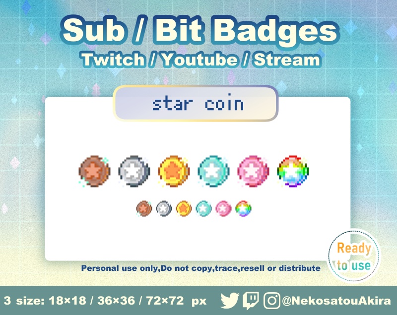 ドット絵「スターコイン」バッジ Twitch Sub Badges x6 - Bit Badges / Pixel Art / Cute sub badges / Kawaii / Streamer
