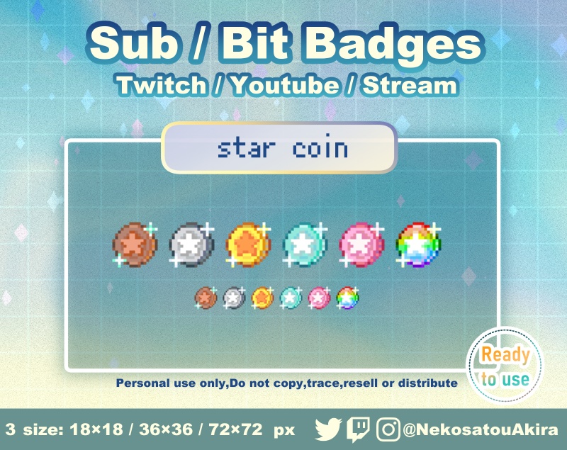 ドット絵「スターコイン」バッジ　Twitch Sub Badges x6 - Bit Badges / Pixel Art / Cute sub badges / Kawaii / Streamer