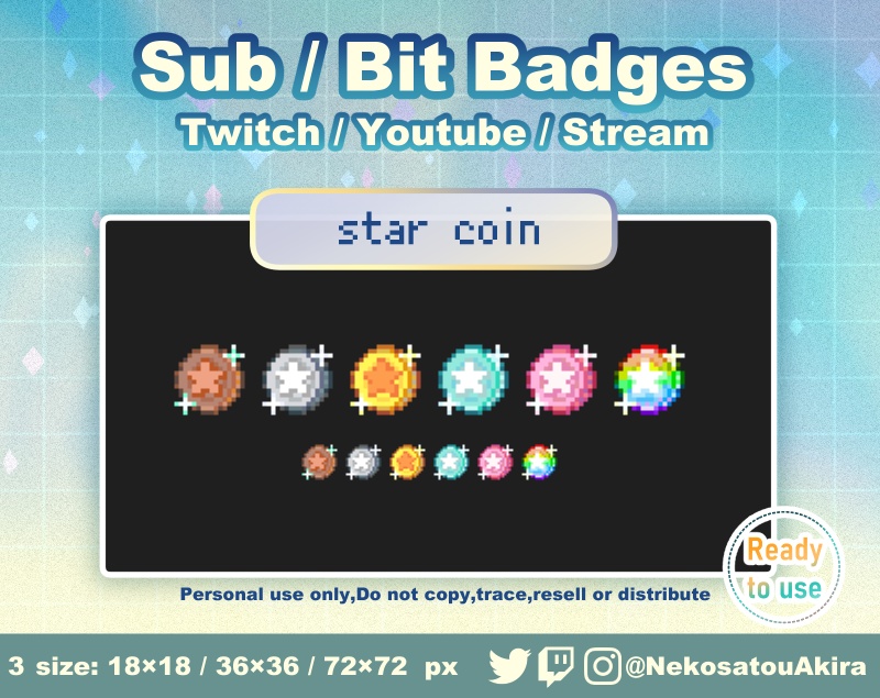 ドット絵「スターコイン」バッジ Twitch Sub Badges x6 - Bit Badges / Pixel Art / Cute sub badges / Kawaii / Streamer