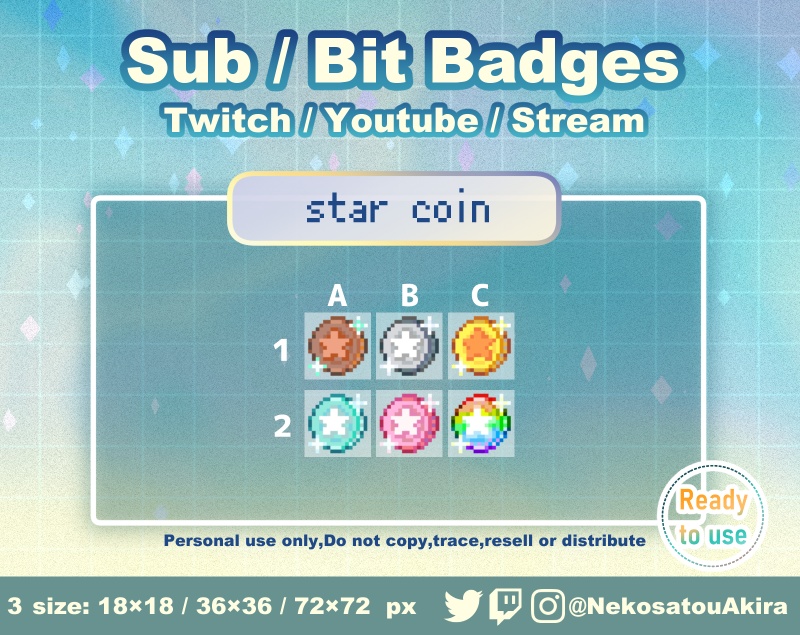 ドット絵「スターコイン」バッジ Twitch Sub Badges x6 - Bit Badges / Pixel Art / Cute sub badges / Kawaii / Streamer