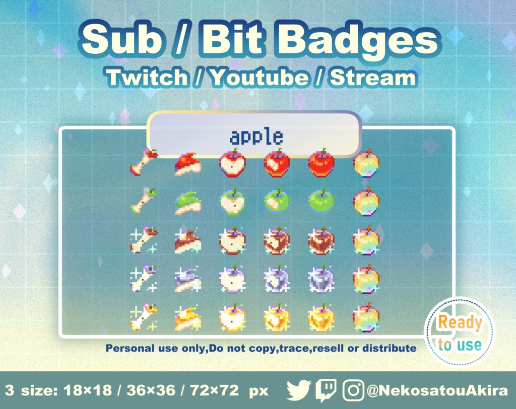 ドット絵「りんご」バッジ　Twitch Sub Badges x6 - Bit Badges / Pixel Art / Cute sub badges / Kawaii / Streamer