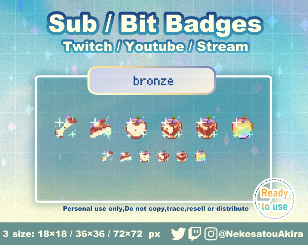 ドット絵「りんご」バッジ Twitch Sub Badges x6 - Bit Badges / Pixel Art / Cute sub badges / Kawaii / Streamer