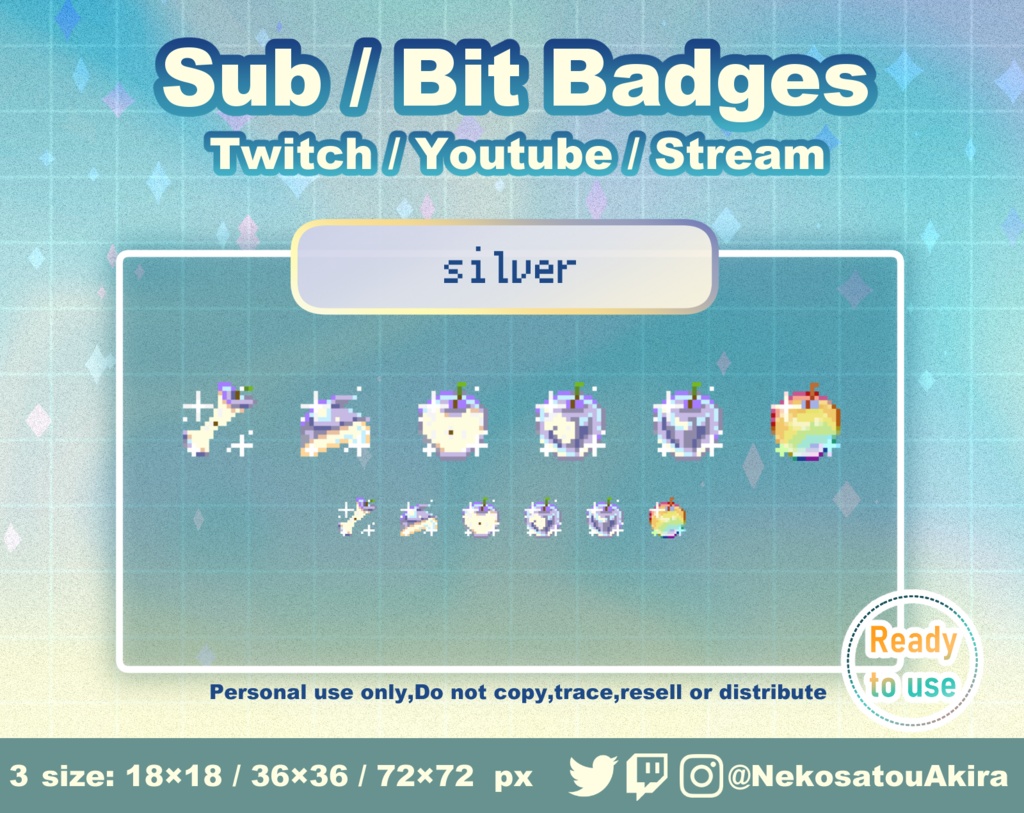 ドット絵「りんご」バッジ Twitch Sub Badges x6 - Bit Badges / Pixel Art / Cute sub badges / Kawaii / Streamer