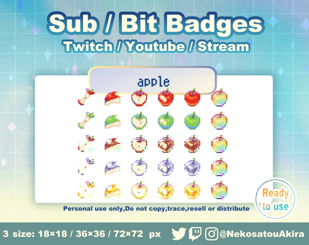ドット絵「りんご」バッジ Twitch Sub Badges x6 - Bit Badges / Pixel Art / Cute sub badges / Kawaii / Streamer