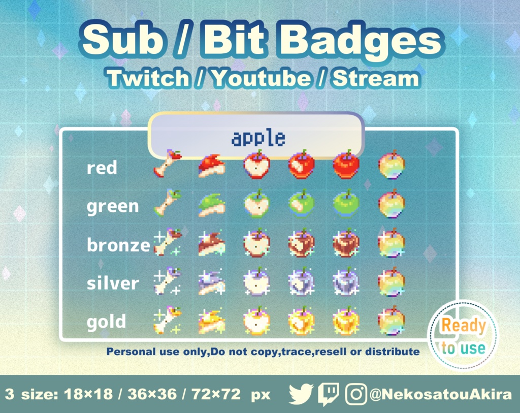 ドット絵「りんご」バッジ Twitch Sub Badges x6 - Bit Badges / Pixel Art / Cute sub badges / Kawaii / Streamer