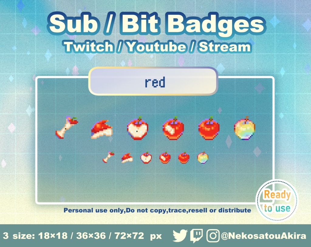 ドット絵「りんご」バッジ Twitch Sub Badges x6 - Bit Badges / Pixel Art / Cute sub badges / Kawaii / Streamer