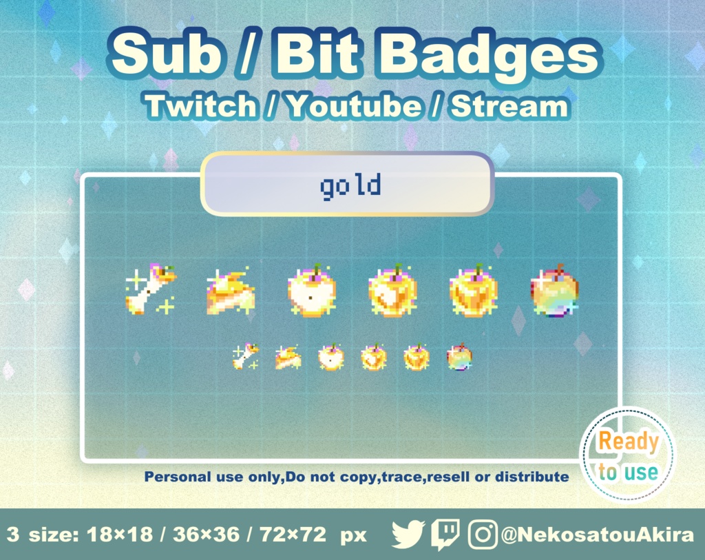 ドット絵「りんご」バッジ Twitch Sub Badges x6 - Bit Badges / Pixel Art / Cute sub badges / Kawaii / Streamer