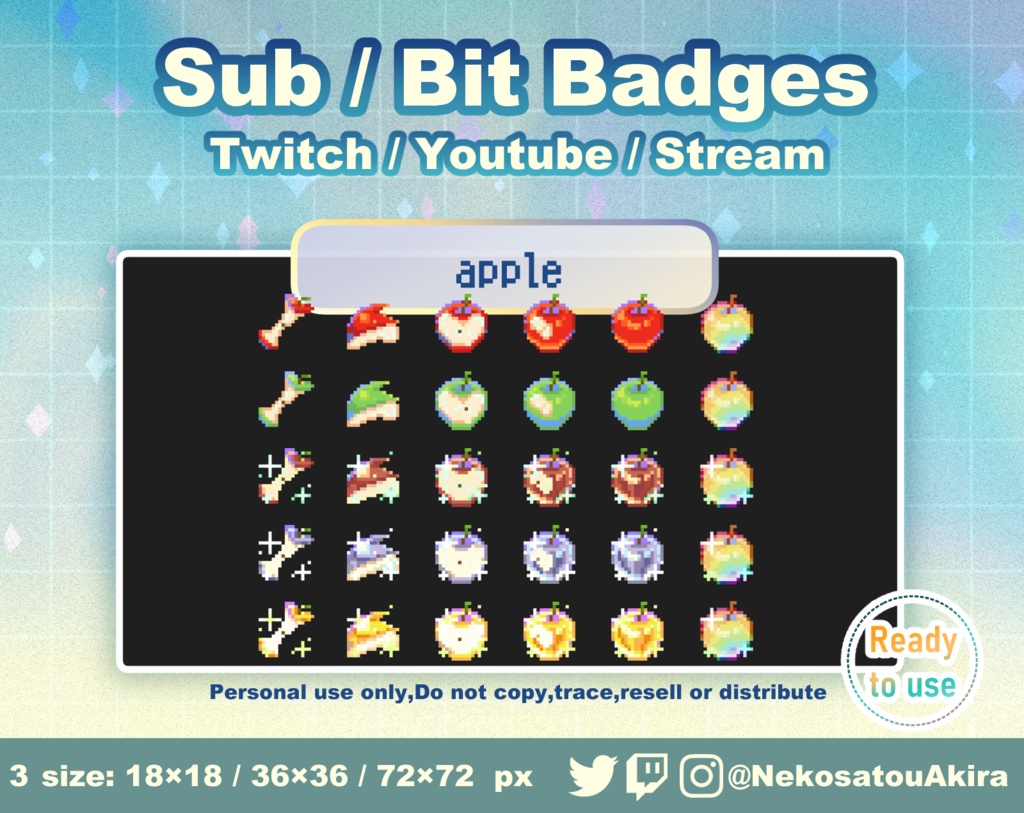 ドット絵「りんご」バッジ Twitch Sub Badges x6 - Bit Badges / Pixel Art / Cute sub badges / Kawaii / Streamer
