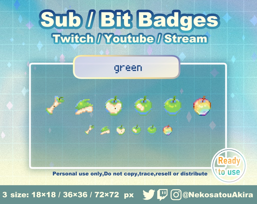 ドット絵「りんご」バッジ Twitch Sub Badges x6 - Bit Badges / Pixel Art / Cute sub badges / Kawaii / Streamer