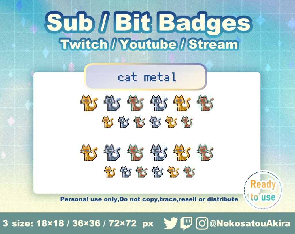 ドット絵「ねこ」バッジ Twitch Sub Badges x10 - Bit Badges / Pixel Art / Cute sub badges / Kawaii / Streamer