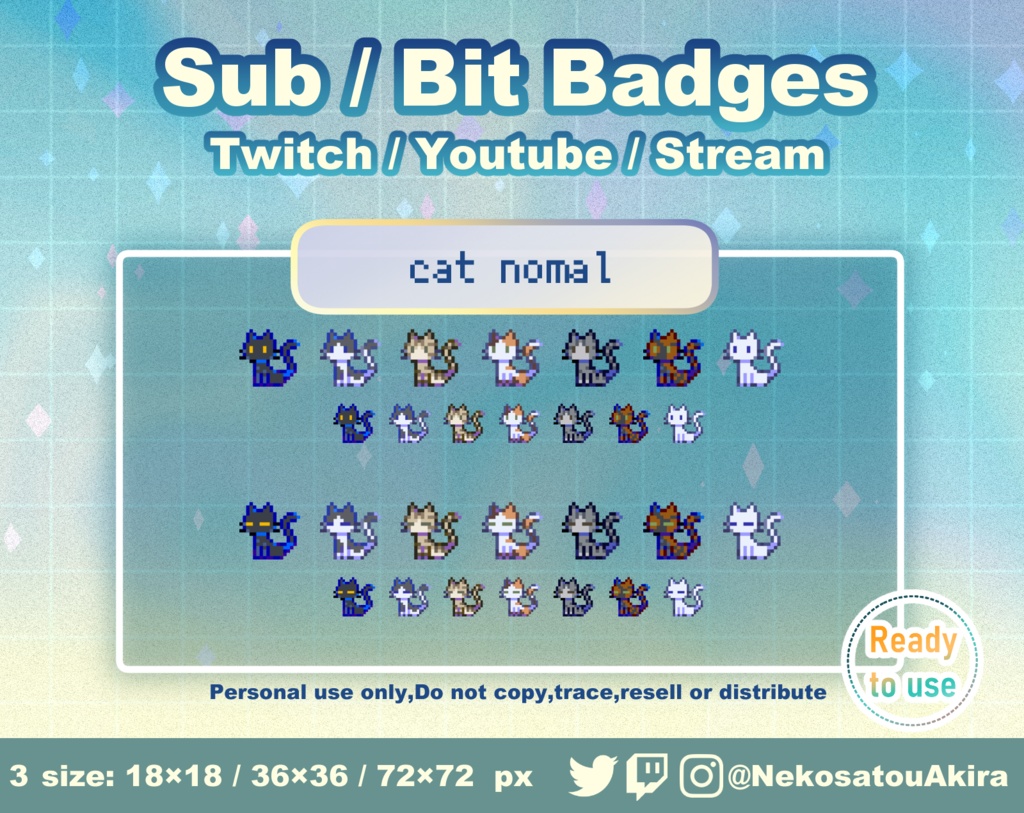 ドット絵「ねこ」バッジ Twitch Sub Badges x10 - Bit Badges / Pixel Art / Cute sub badges / Kawaii / Streamer