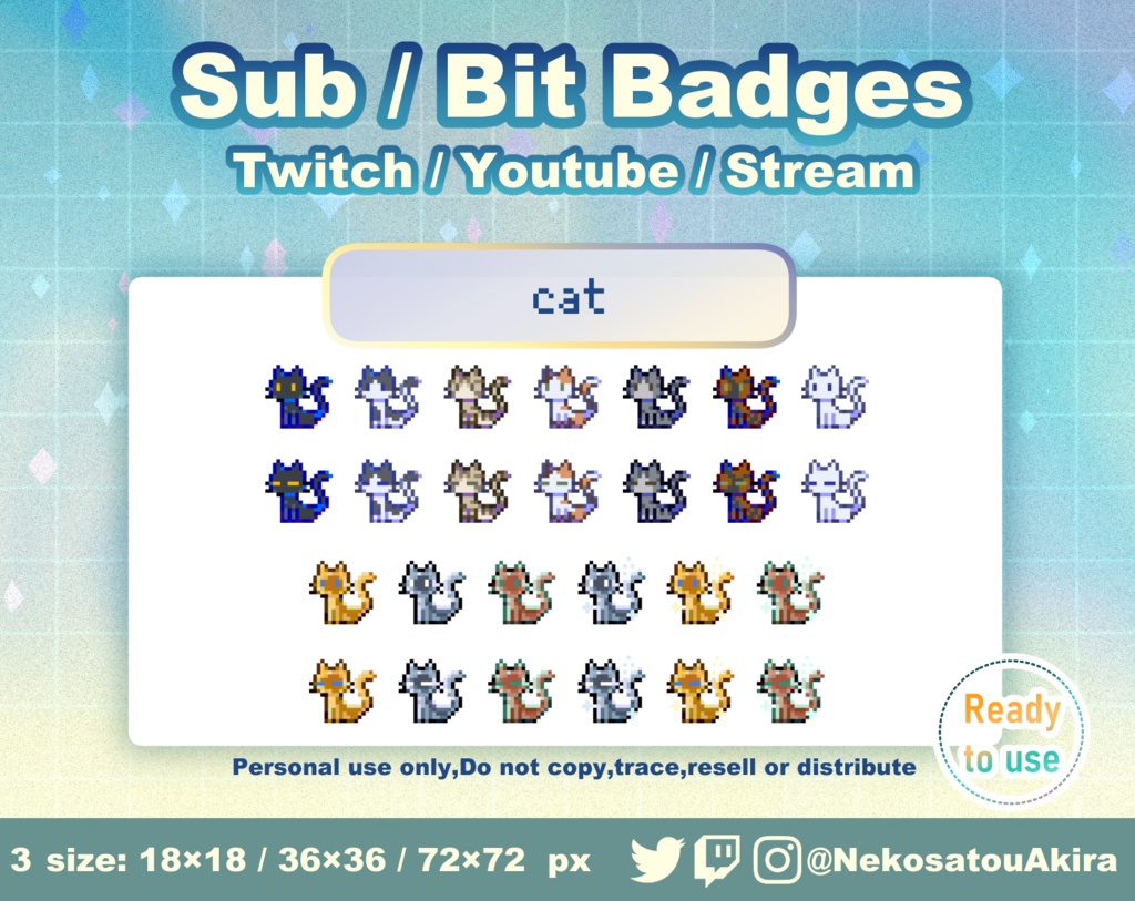 ドット絵「ねこ」バッジ Twitch Sub Badges x10 - Bit Badges / Pixel Art / Cute sub badges / Kawaii / Streamer