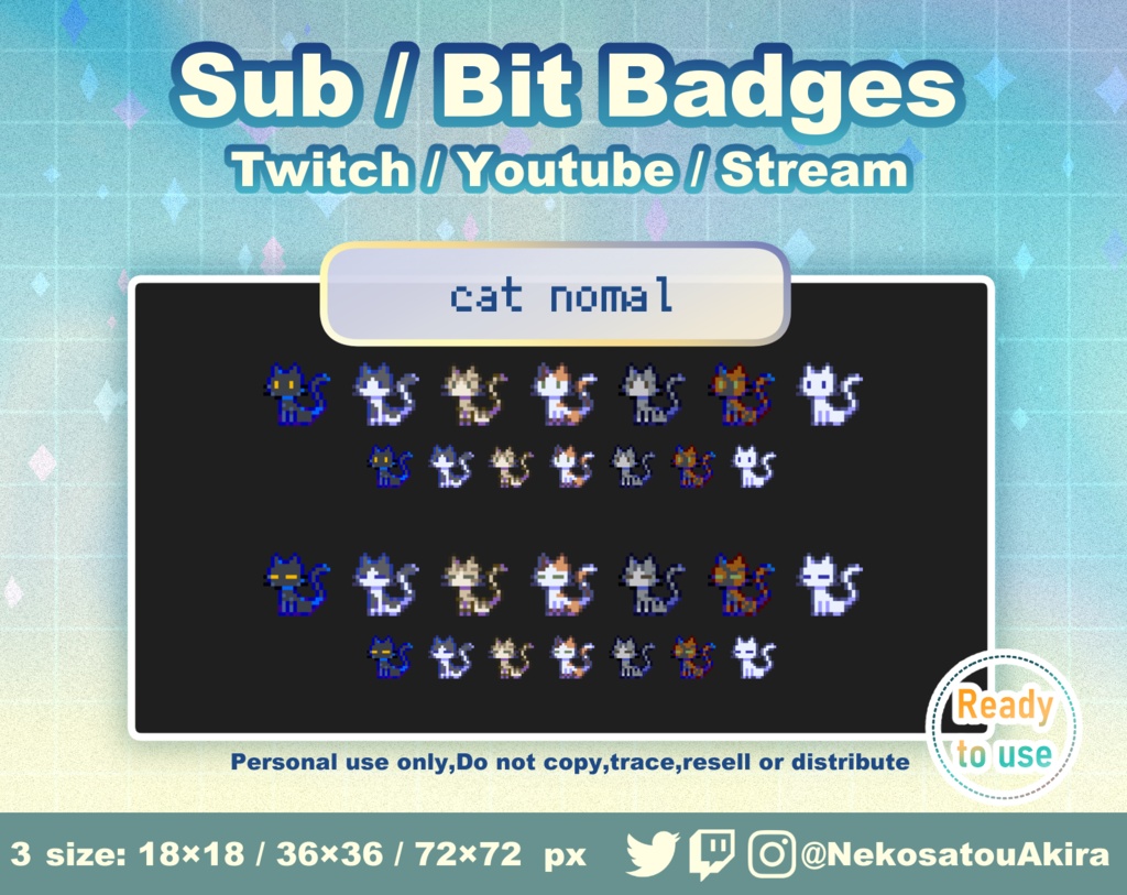 ドット絵「ねこ」バッジ Twitch Sub Badges x10 - Bit Badges / Pixel Art / Cute sub badges / Kawaii / Streamer