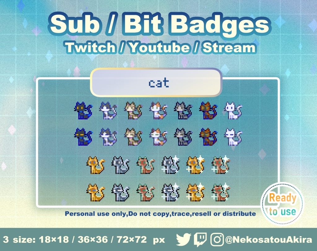 ドット絵「ねこ」バッジ Twitch Sub Badges x10 - Bit Badges / Pixel Art / Cute sub badges / Kawaii / Streamer