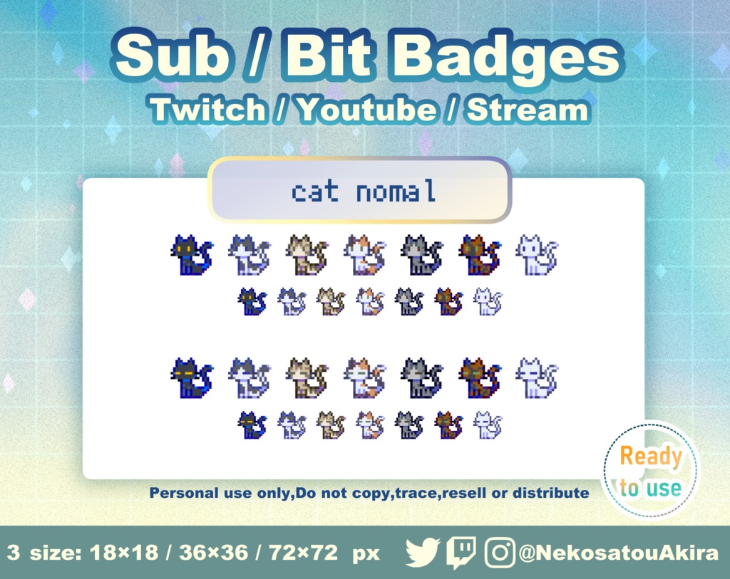 ドット絵「ねこ」バッジ Twitch Sub Badges x10 - Bit Badges / Pixel Art / Cute sub badges / Kawaii / Streamer