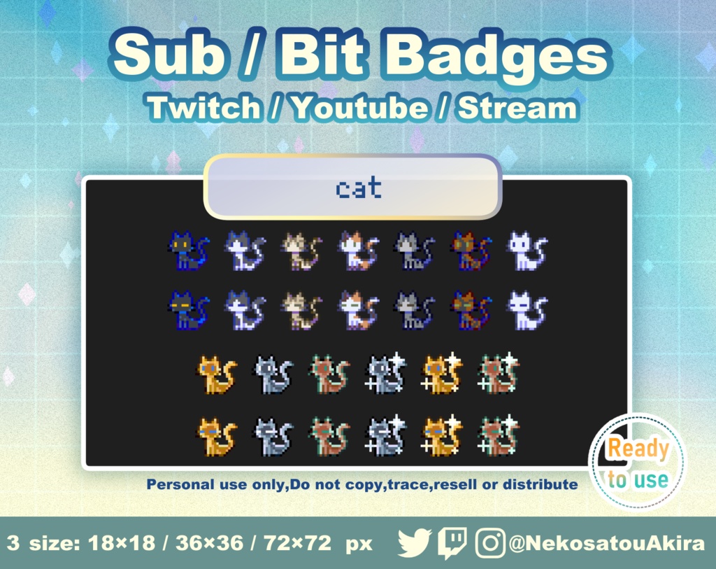 ドット絵「ねこ」バッジ Twitch Sub Badges x10 - Bit Badges / Pixel Art / Cute sub badges / Kawaii / Streamer