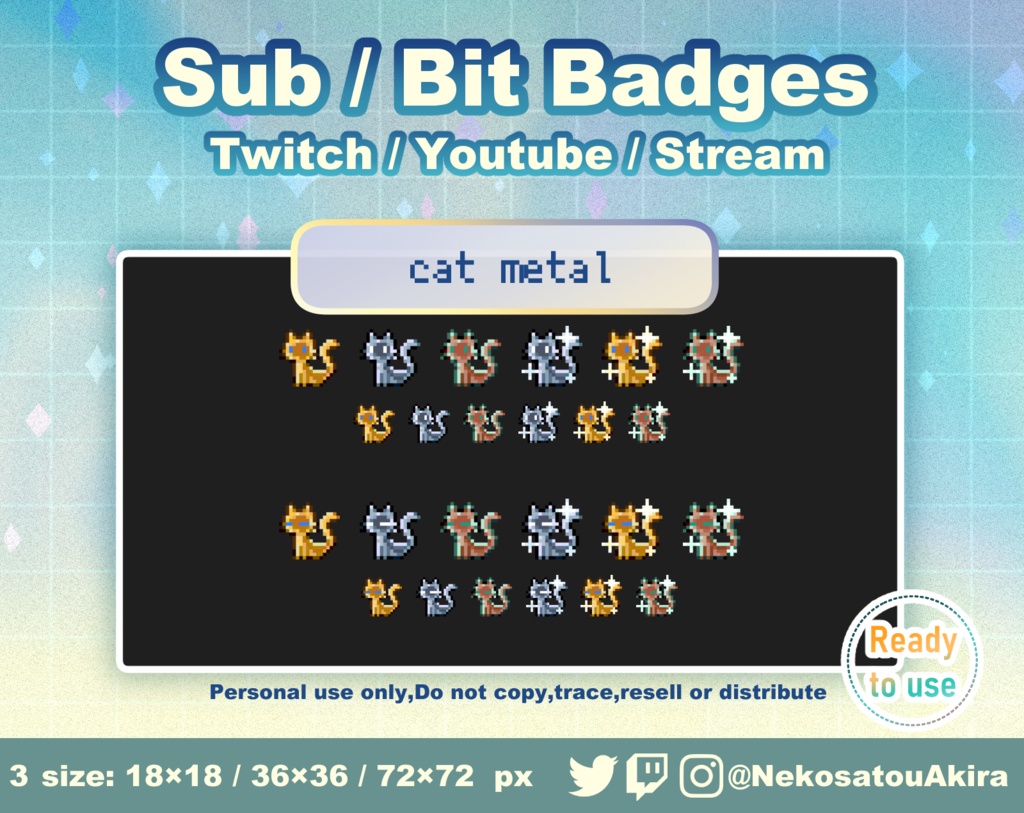 ドット絵「ねこ」バッジ Twitch Sub Badges x10 - Bit Badges / Pixel Art / Cute sub badges / Kawaii / Streamer