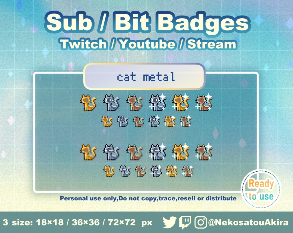 ドット絵「ねこ」バッジ Twitch Sub Badges x10 - Bit Badges / Pixel Art / Cute sub badges / Kawaii / Streamer