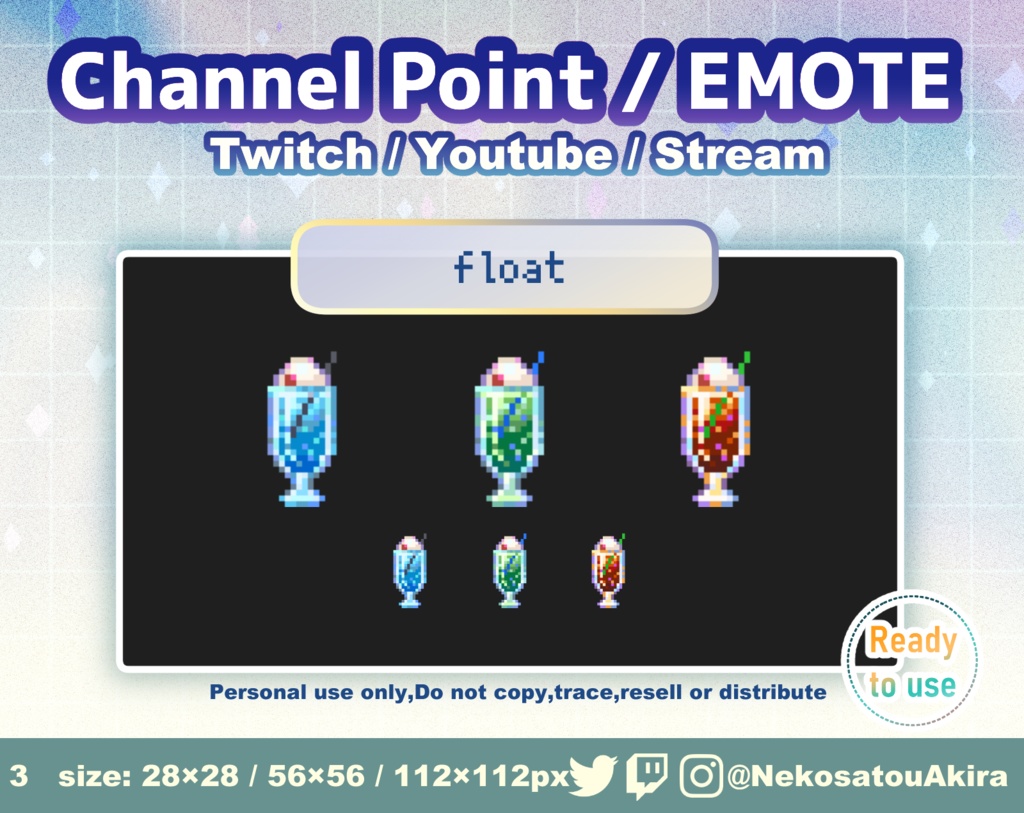 ドット絵「フロート」エモート・チャンネルポイント(nomal ver) Twitch emote x3 - channel point icon / Cute emotes / Kawaii / Streamer