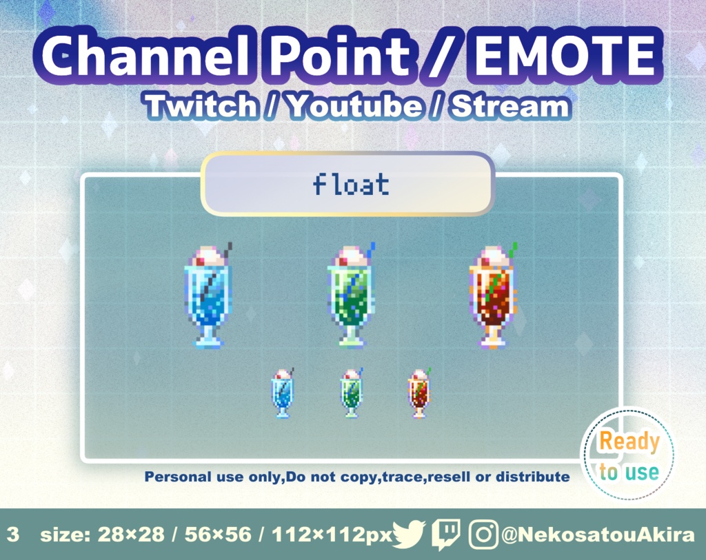 ドット絵「フロート」エモート・チャンネルポイント（nomal ver） Twitch emote x3 - channel point icon / Cute emotes / Kawaii / Streamer
