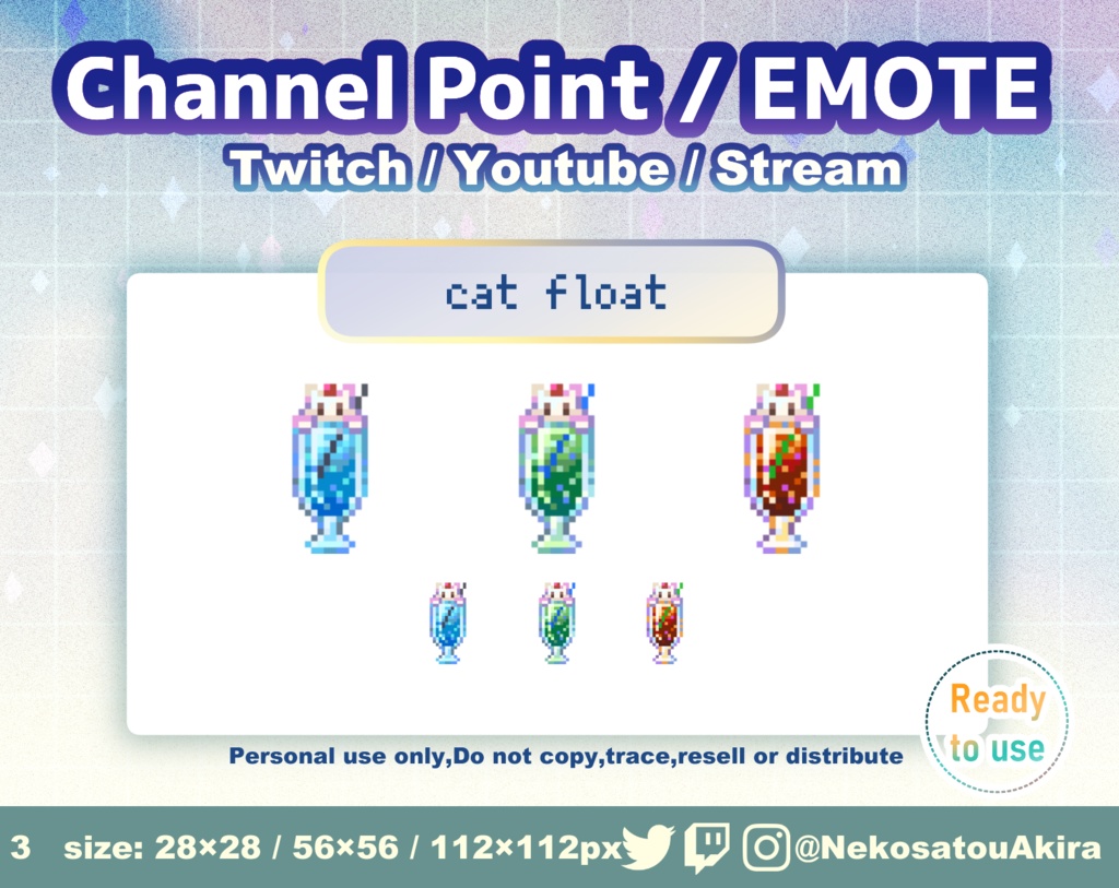 ドット絵「フロート」エモート・チャンネルポイント(cat ver) Twitch emote x3 - channel point icon / Cute emotes / Kawaii / Streamer