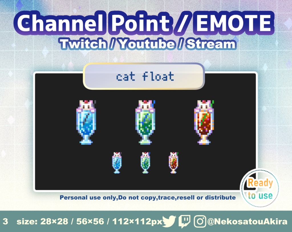 ドット絵「フロート」エモート・チャンネルポイント(cat ver) Twitch emote x3 - channel point icon / Cute emotes / Kawaii / Streamer