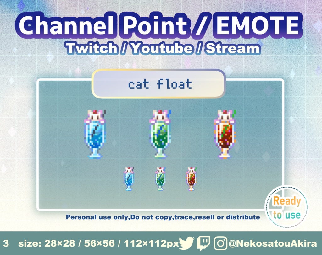 ドット絵「フロート」エモート・チャンネルポイント（cat ver） Twitch emote x3 - channel point icon / Cute emotes / Kawaii / Streamer