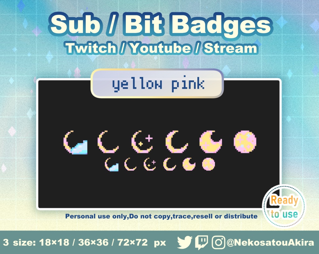 ドット絵「月」バッジ Twitch Sub Badges x12 - Bit Badges / Pixel Art / Cute sub badges / Kawaii / Streamer