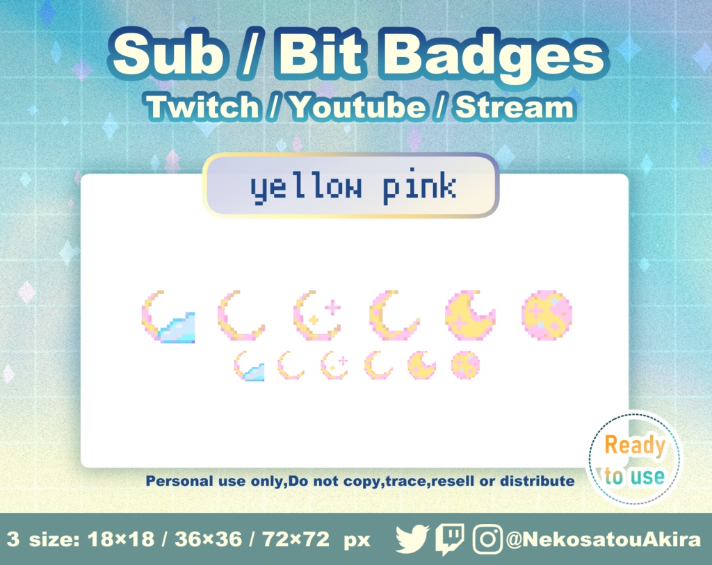 ドット絵「月」バッジ Twitch Sub Badges x12 - Bit Badges / Pixel Art / Cute sub badges / Kawaii / Streamer