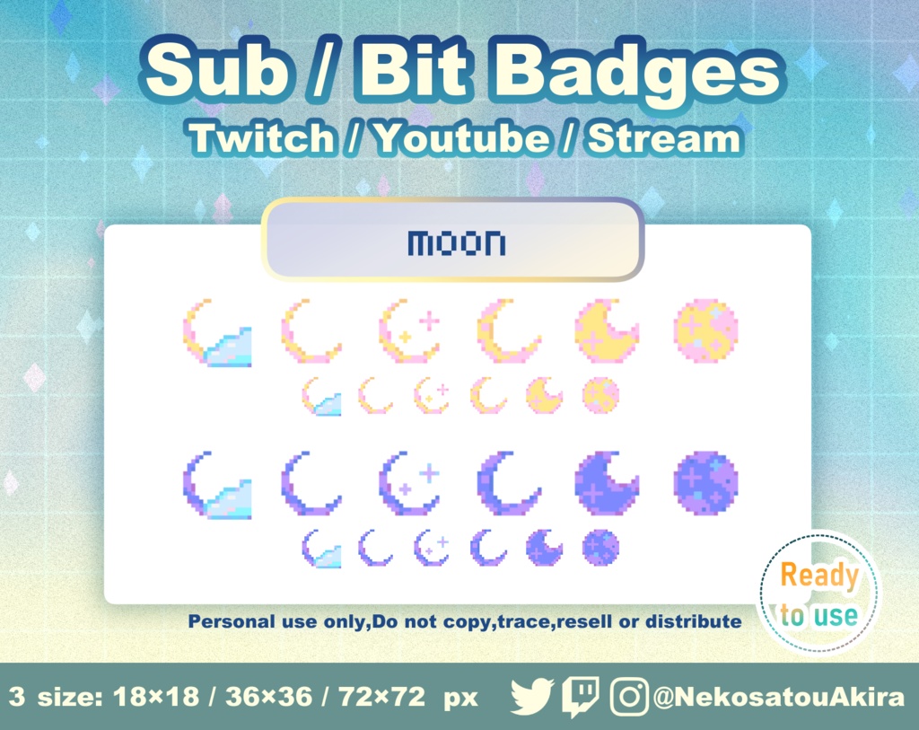 ドット絵「月」バッジ Twitch Sub Badges x12 - Bit Badges / Pixel Art / Cute sub badges / Kawaii / Streamer