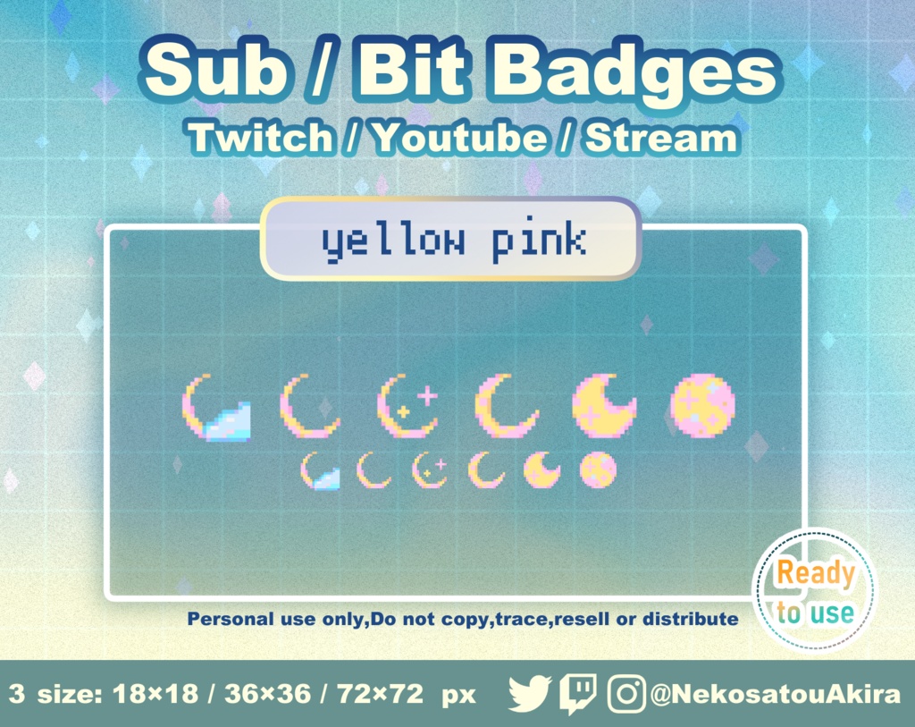 ドット絵「月」バッジ Twitch Sub Badges x12 - Bit Badges / Pixel Art / Cute sub badges / Kawaii / Streamer