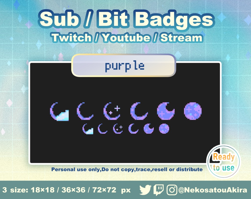 ドット絵「月」バッジ Twitch Sub Badges x12 - Bit Badges / Pixel Art / Cute sub badges / Kawaii / Streamer