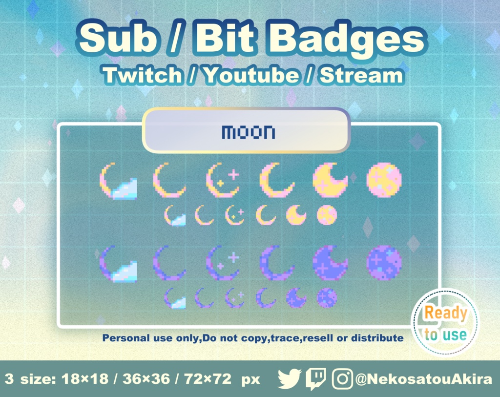 ドット絵「月」バッジ　Twitch Sub Badges x12 - Bit Badges / Pixel Art / Cute sub badges / Kawaii / Streamer