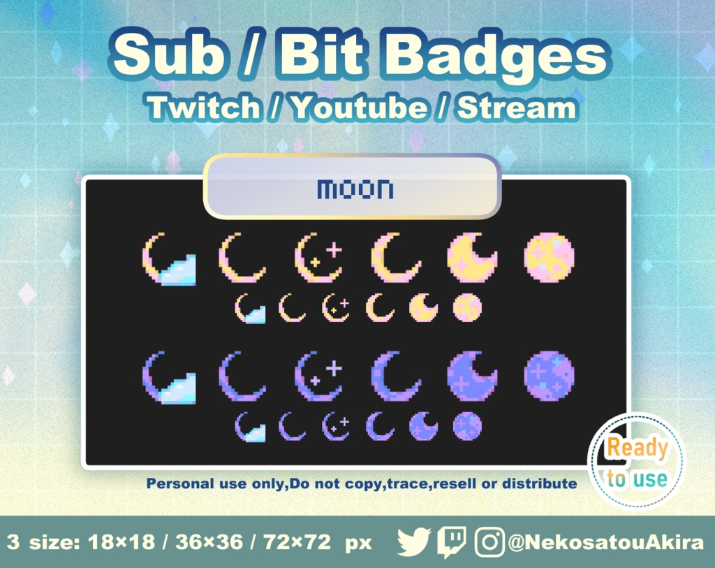 ドット絵「月」バッジ Twitch Sub Badges x12 - Bit Badges / Pixel Art / Cute sub badges / Kawaii / Streamer