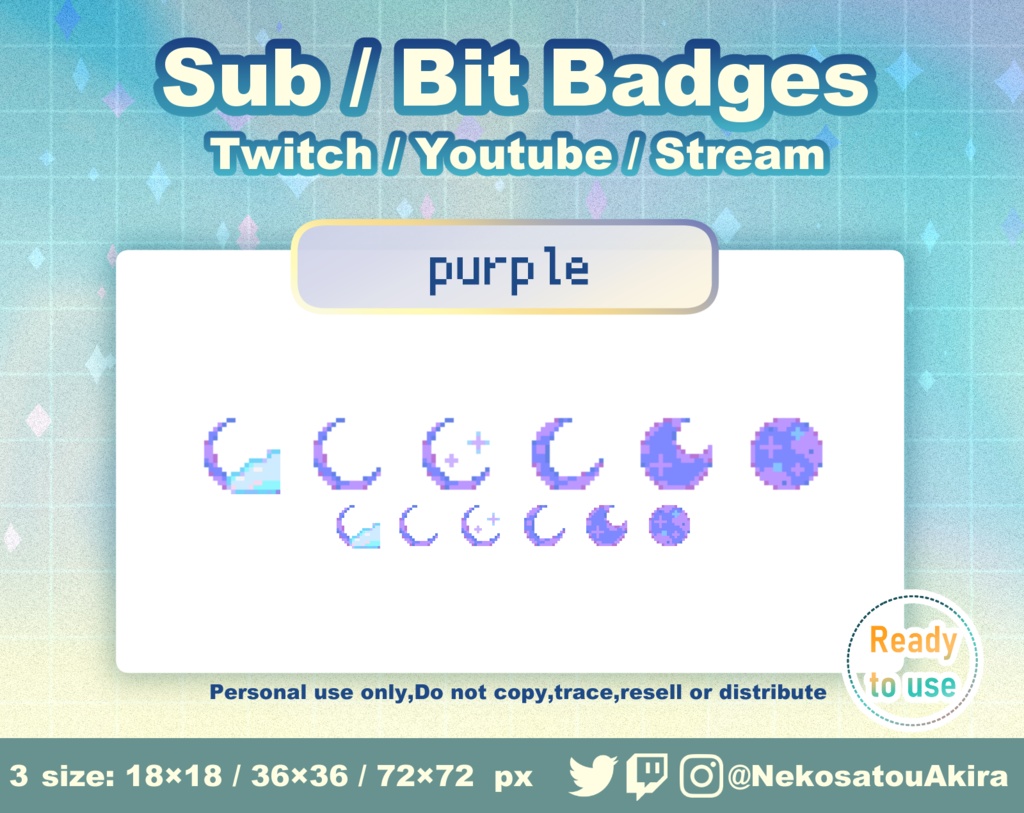 ドット絵「月」バッジ Twitch Sub Badges x12 - Bit Badges / Pixel Art / Cute sub badges / Kawaii / Streamer