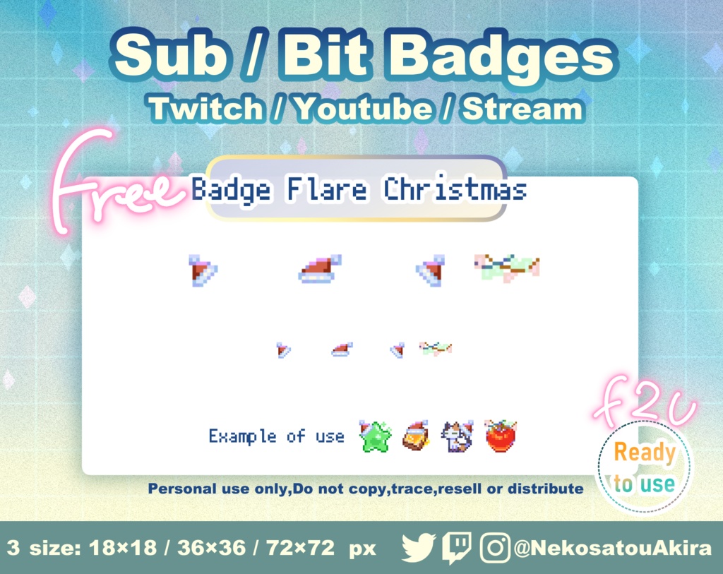 【FREE/無料】ドット絵「クリスマス」バッジフレア Twitch Badge Flair x4 - Pixel Art / Cute sub badges / Kawaii / Streamer
