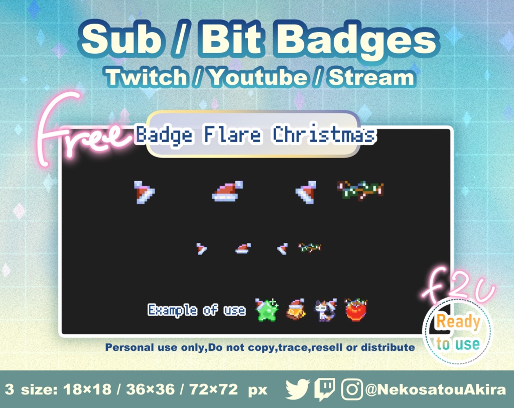 【FREE/無料】ドット絵「クリスマス」バッジフレア Twitch Badge Flair x4 - Pixel Art / Cute sub badges / Kawaii / Streamer