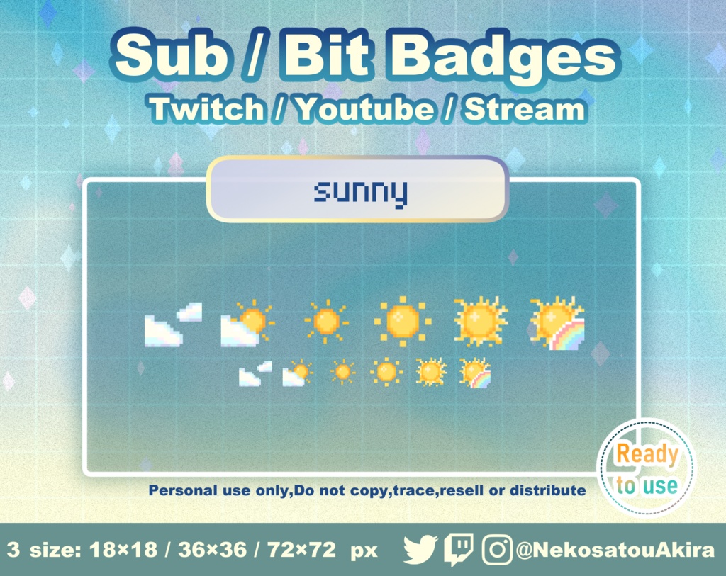 ドット絵「太陽」バッジ　Twitch Sub Badges x6 - Bit Badges / Pixel Art / Cute sub badges / Kawaii / Streamer