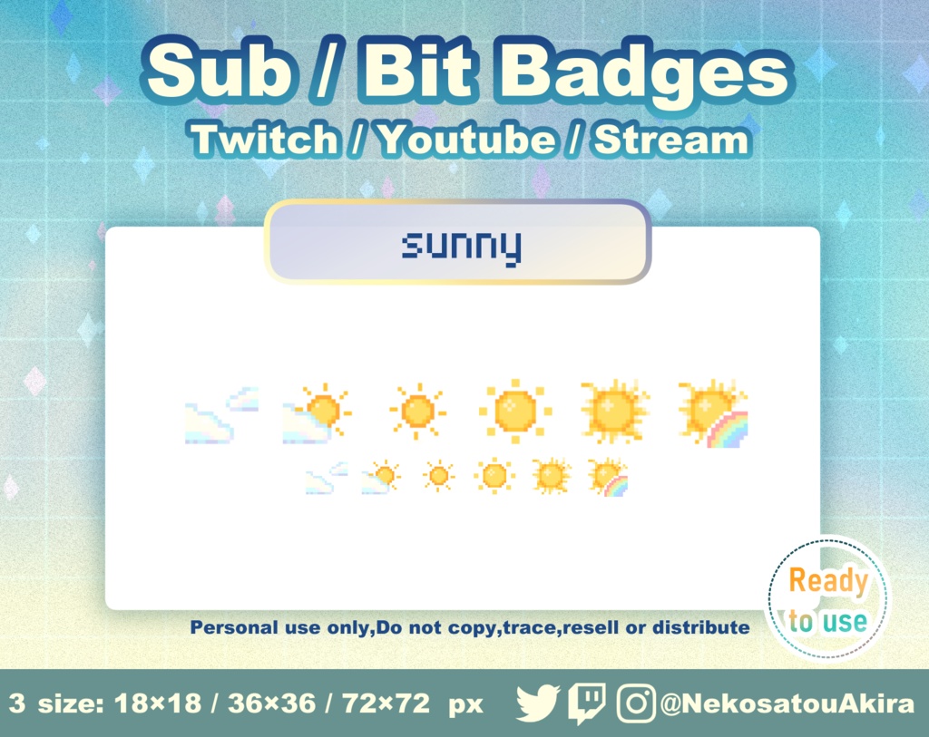 ドット絵「太陽」バッジ Twitch Sub Badges x6 - Bit Badges / Pixel Art / Cute sub badges / Kawaii / Streamer