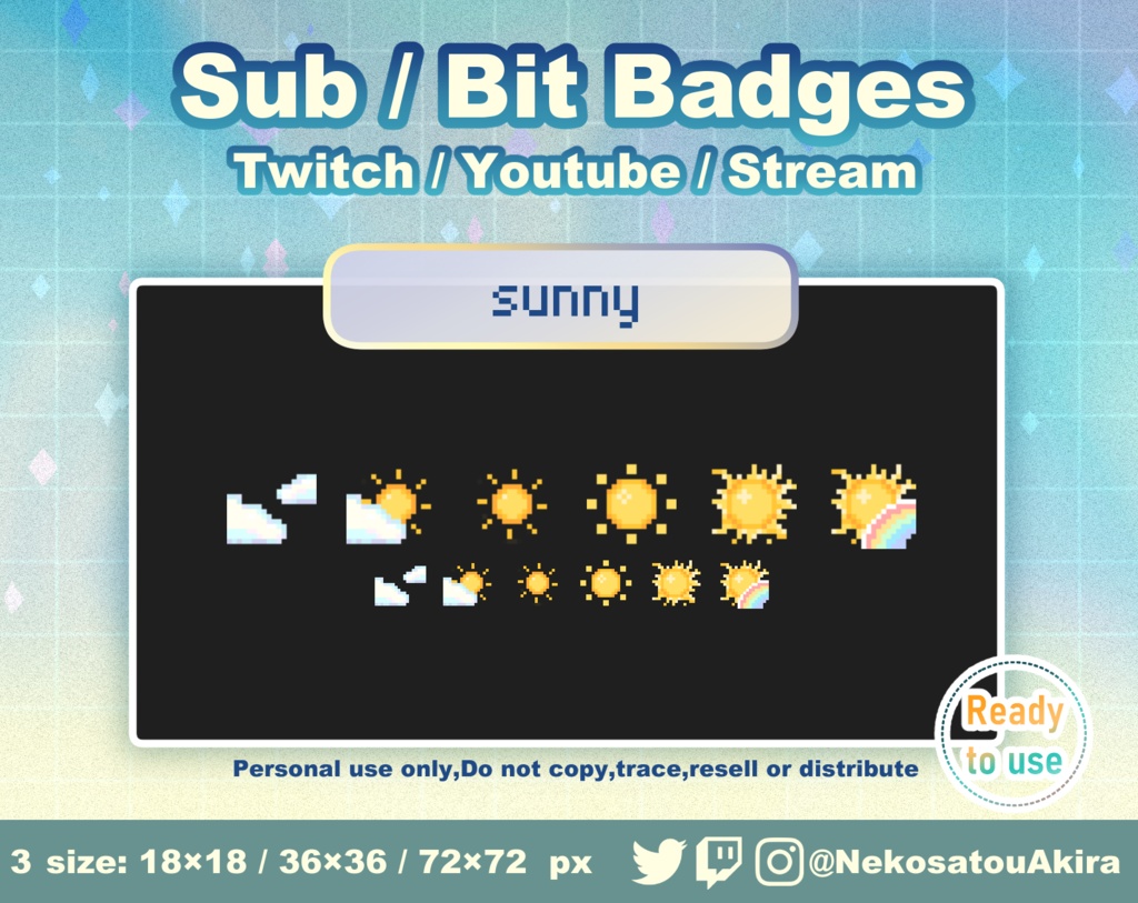 ドット絵「太陽」バッジ Twitch Sub Badges x6 - Bit Badges / Pixel Art / Cute sub badges / Kawaii / Streamer