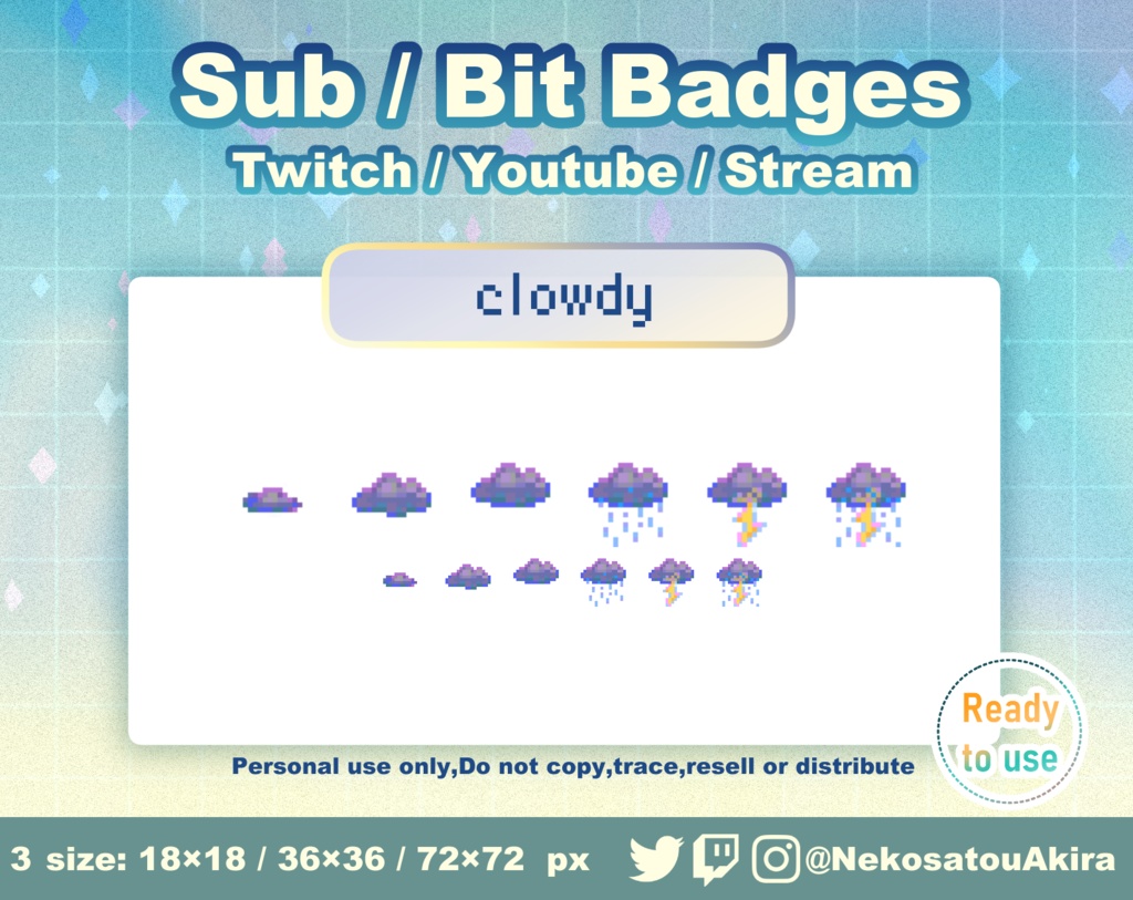 ドット絵「くもり」バッジ Twitch Sub Badges x6 - Bit Badges / Pixel Art / Cute sub badges / Kawaii / Streamer