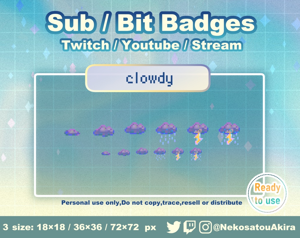ドット絵「くもり」バッジ　Twitch Sub Badges x6 - Bit Badges / Pixel Art / Cute sub badges / Kawaii / Streamer
