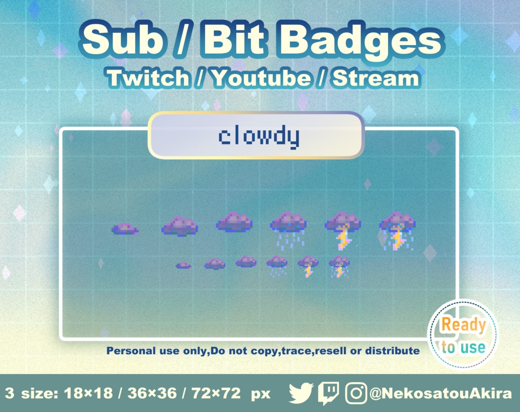 ドット絵「くもり」バッジ Twitch Sub Badges x6 - Bit Badges / Pixel Art / Cute sub badges / Kawaii / Streamer