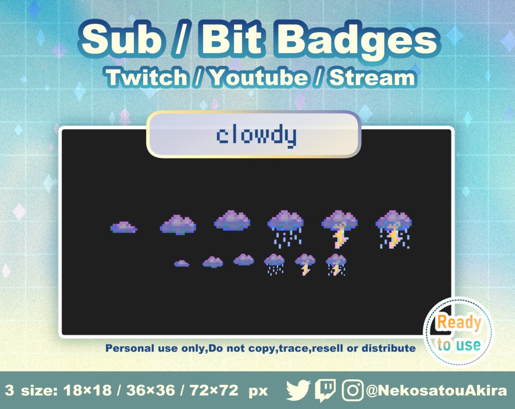 ドット絵「くもり」バッジ Twitch Sub Badges x6 - Bit Badges / Pixel Art / Cute sub badges / Kawaii / Streamer