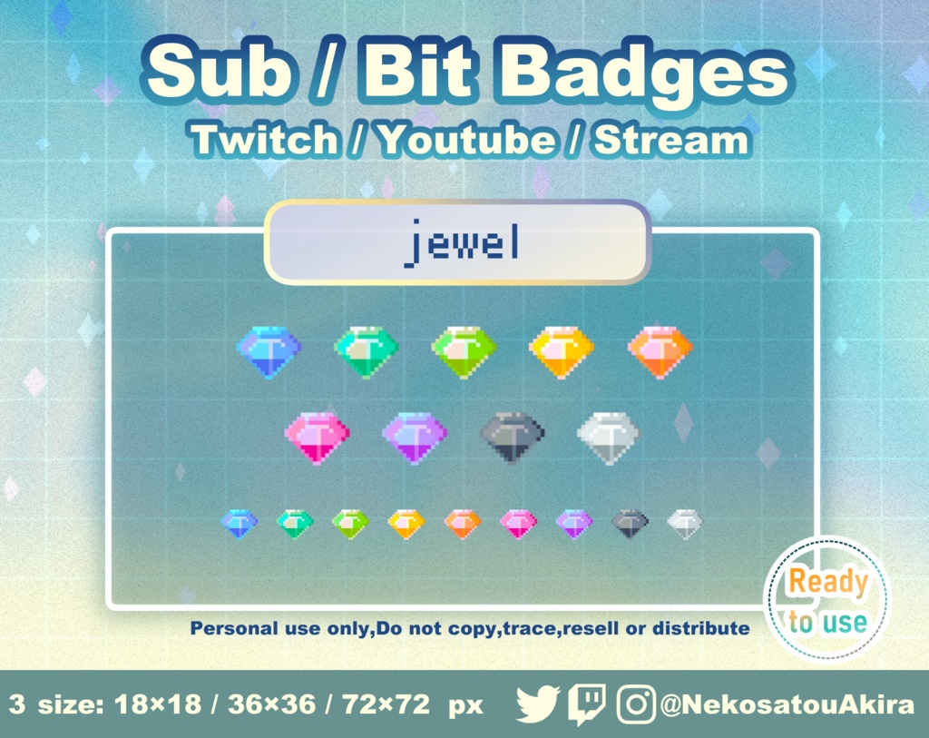 ドット絵「宝石」バッジ　Twitch Sub Badges x9 - Bit Badges / Pixel Art / Cute sub badges / Kawaii / Streamer