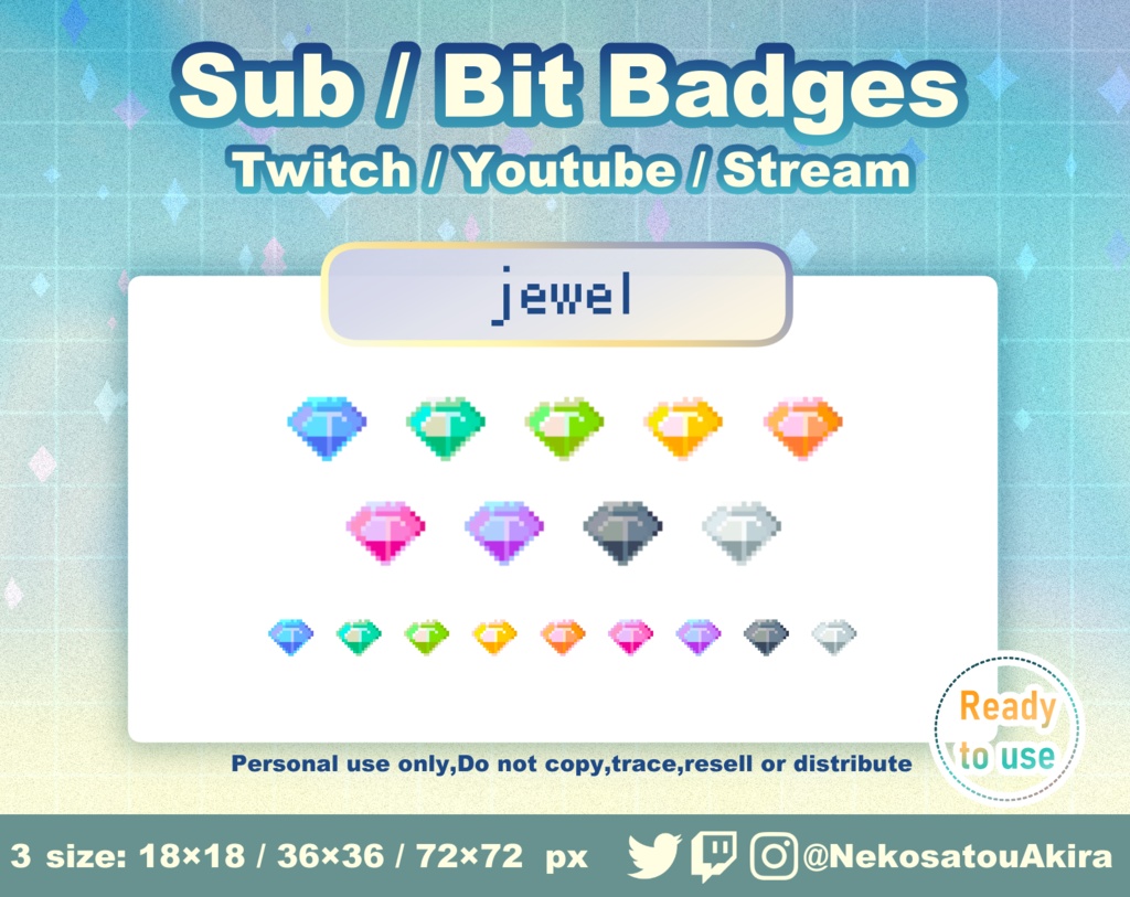ドット絵「宝石」バッジ Twitch Sub Badges x9 - Bit Badges / Pixel Art / Cute sub badges / Kawaii / Streamer