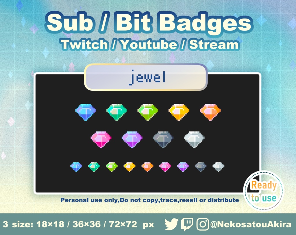 ドット絵「宝石」バッジ Twitch Sub Badges x9 - Bit Badges / Pixel Art / Cute sub badges / Kawaii / Streamer