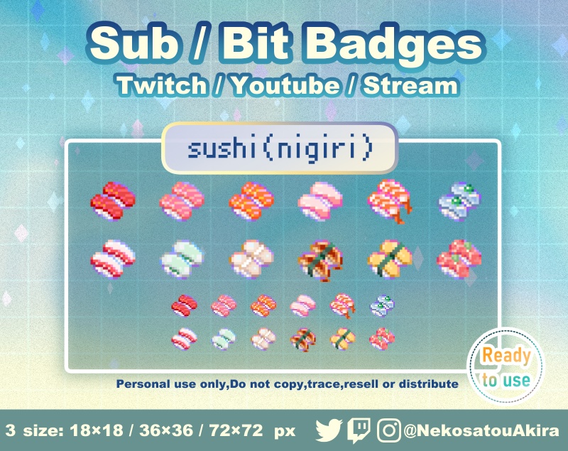ドット絵「寿司（握り）」バッジ　Twitch Sub Badges x12 - Bit Badges / Pixel Art / Cute sub badges / Kawaii / Streamer